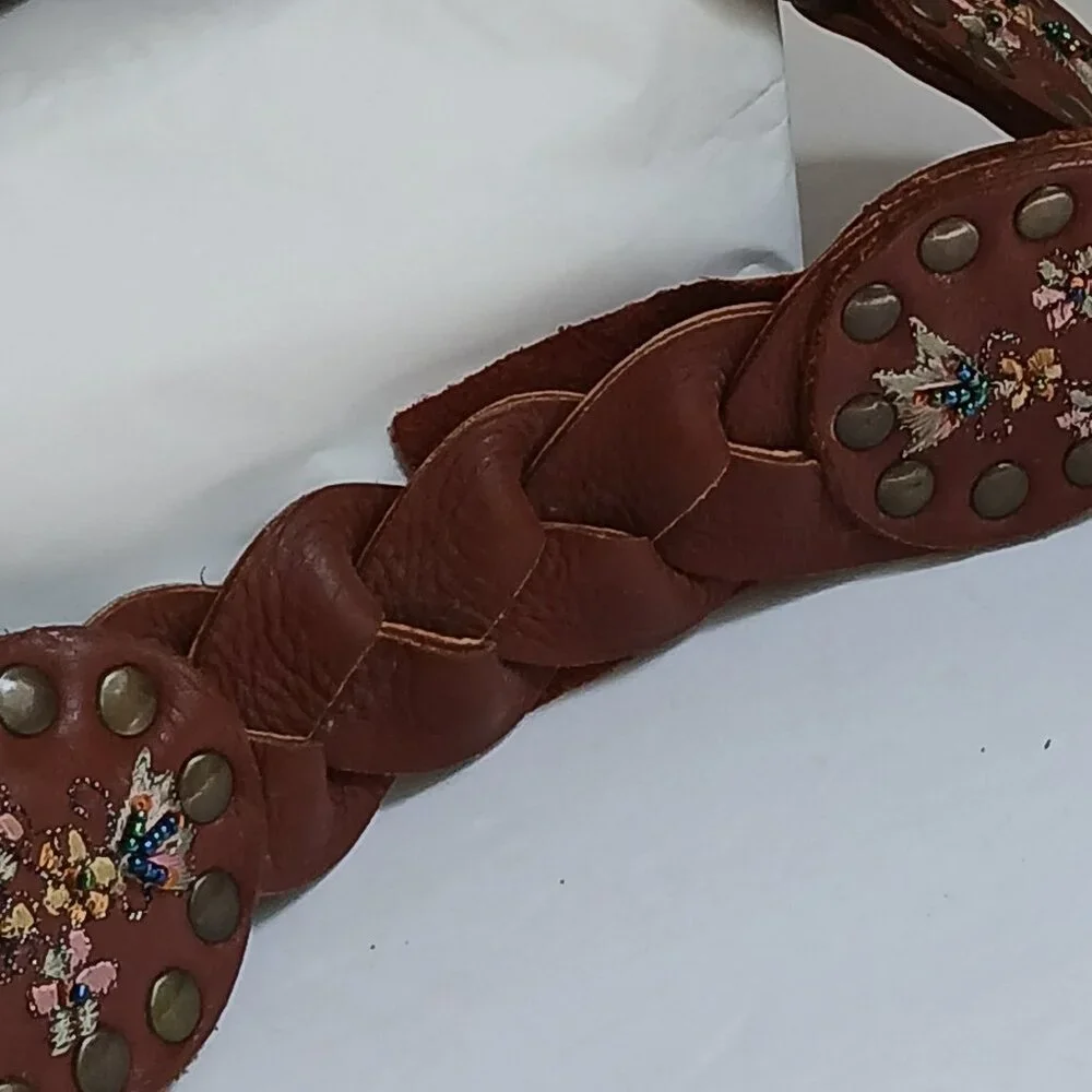 Vintage Brown  Studded Leather Embroidered Floral Beaded  Brass Ring Belt